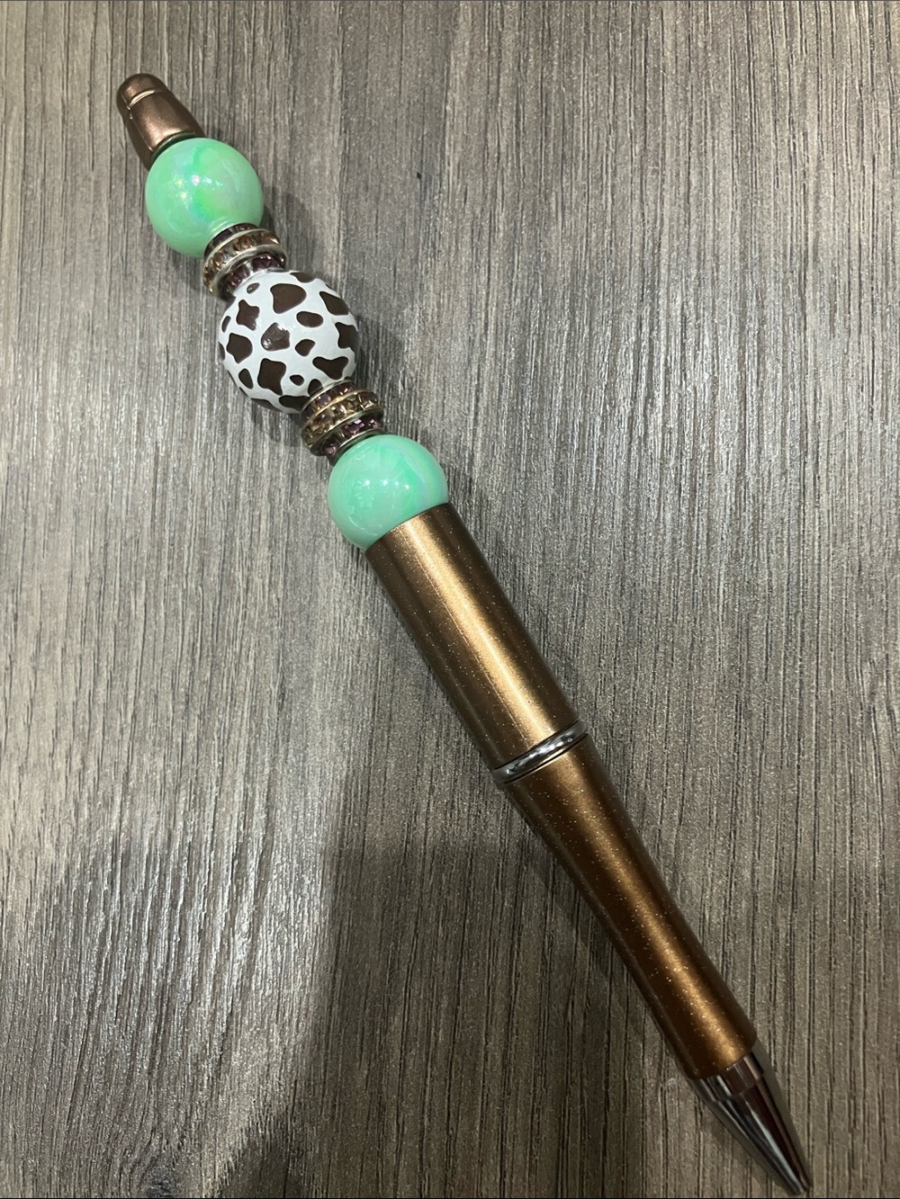 Hand Beaded Pen in Bronze with Mint and Cow Accents. Create a pen bundle & Save!